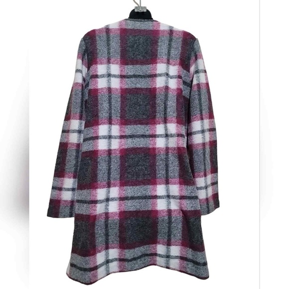Max Studio Gray Fuchsia White Wool Blend Plaid Blanket Coat with Pockets L - Picture 2 of 12
